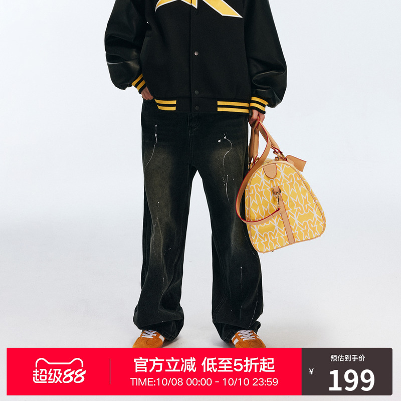 RASS泼墨做旧直筒牛仔裤 美式复古国潮牌潮流宽松休闲阔腿长裤子