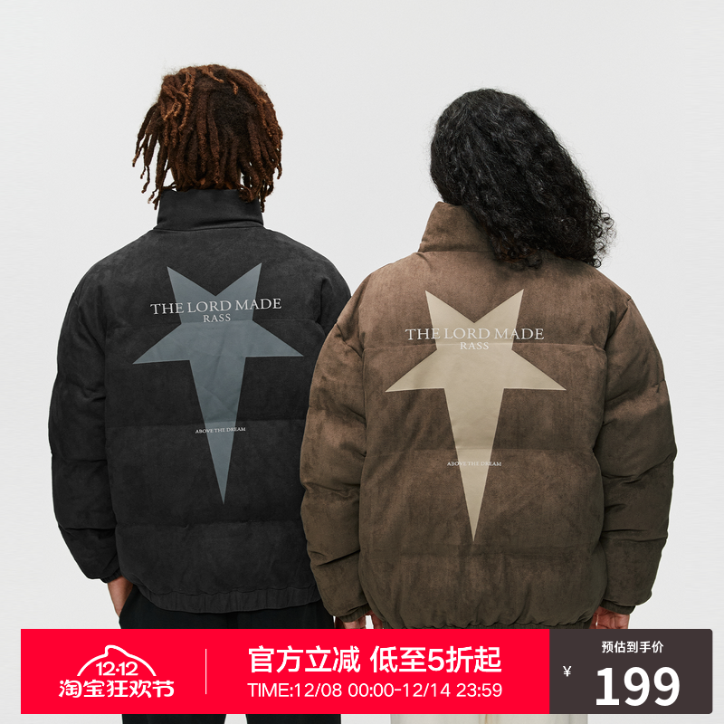RASS星星仿麂皮棉服美式复古冬季情侣棉袄宽松保暖棉衣外套男
