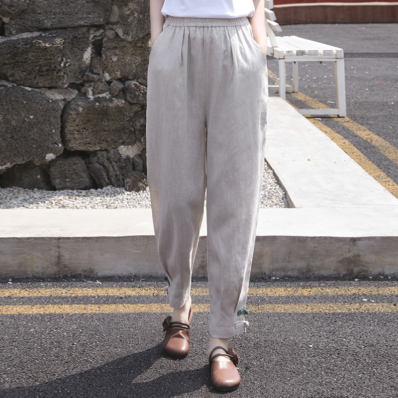 亚麻哈伦裤女2025夏季复古盘扣小脚萝卜裤休闲薄款棉麻九分裤子