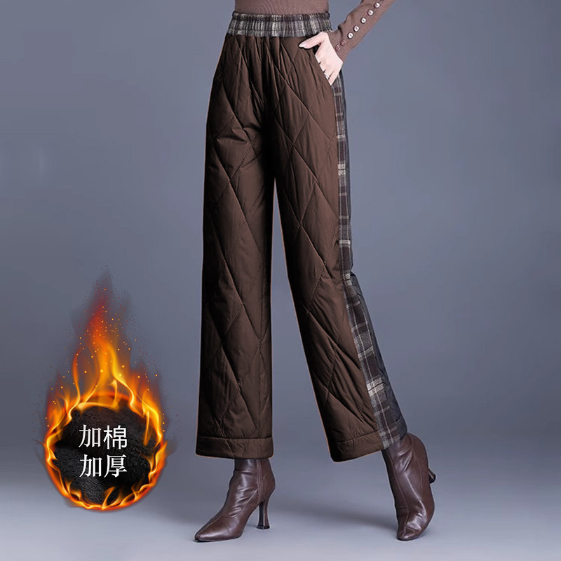棉裤女士春季2026新款高端外穿加厚时尚毛呢格纹拼接阔腿裤子,女装/女士精品,棉裤/羽绒裤,淘宝优惠券,粉丝福利购,淘宝优惠卷