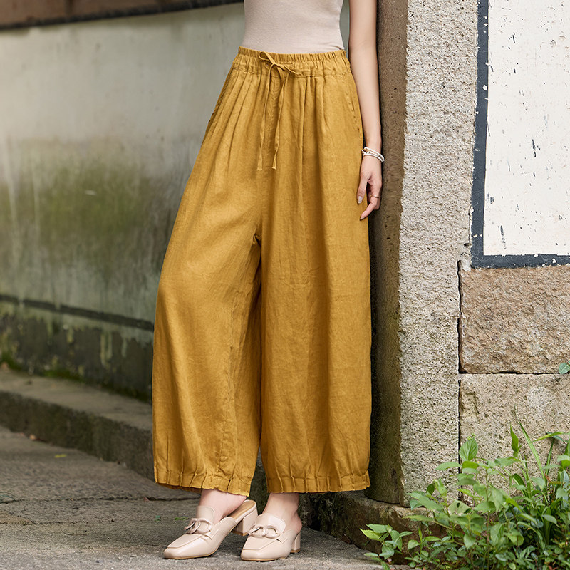 100%亚麻捏褶灯笼裤女松紧腰系带薄款宽松麻裤文艺九分休闲阔腿裤,女装/女士精品,休闲裤,淘宝优惠券,粉丝福利购,淘宝优惠卷