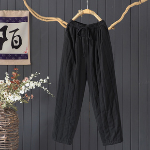 夹棉加厚哈伦裤 宽松天丝苎麻长裤 女冬季 文艺复古纯色外穿保暖棉裤