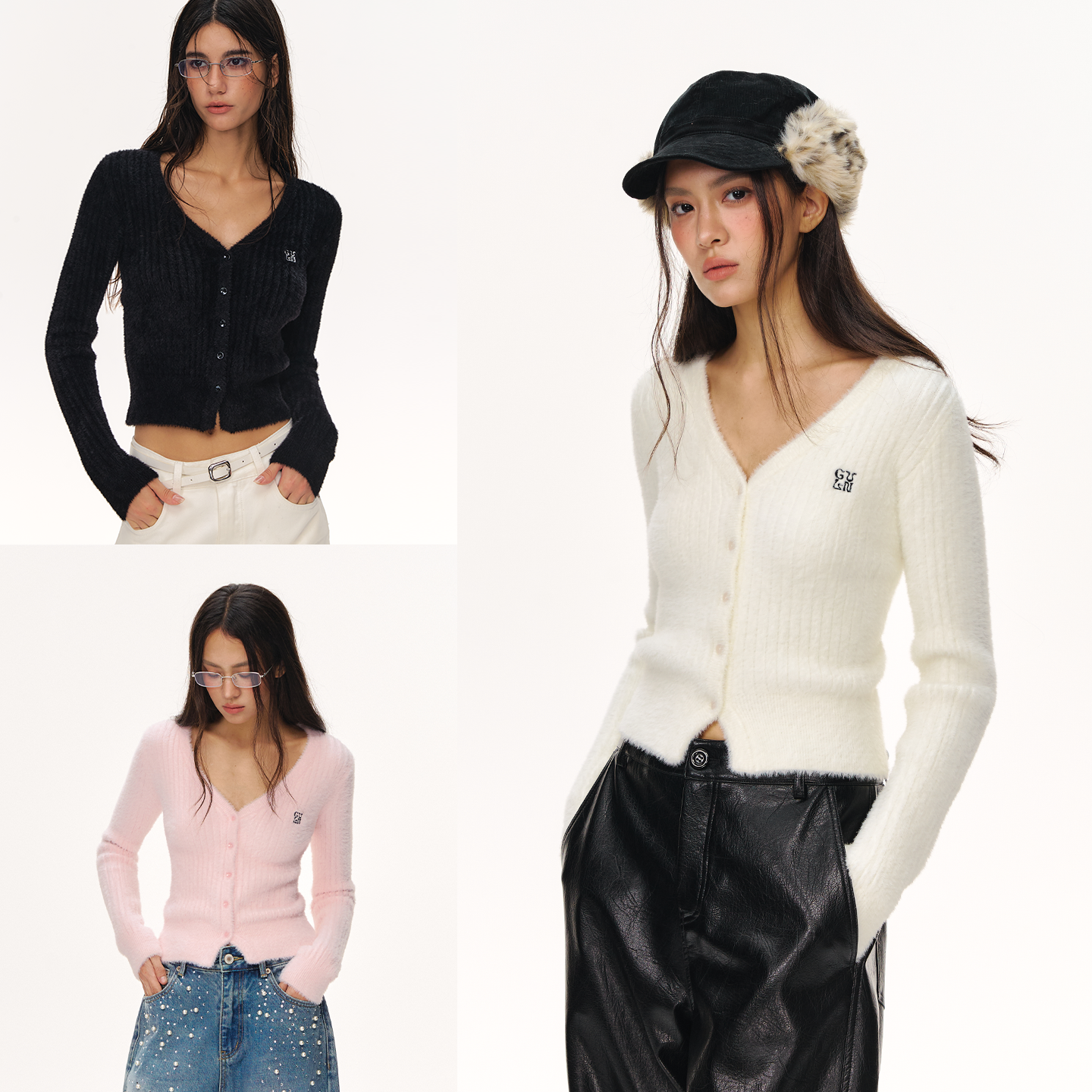 CLIMAX VISION软糯亲肤保暖仿貂毛坑条肌理短款针织开衫毛衣女款