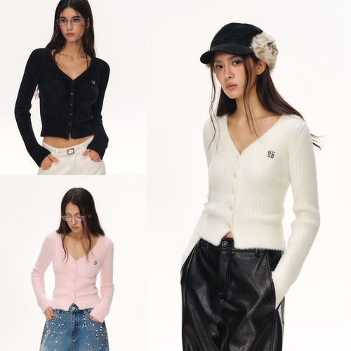 CLIMAX VISION软糯亲肤保暖仿貂毛坑条肌理短款针织开衫毛衣女款