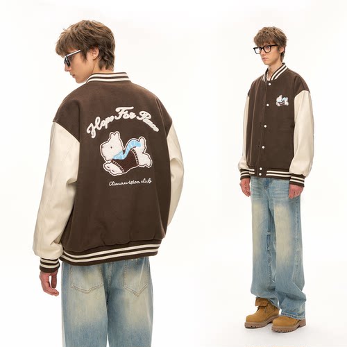 CLIMAX VISION云朵绒刺绣小狗西高地毛呢拼皮袖棒球服夹克外套
