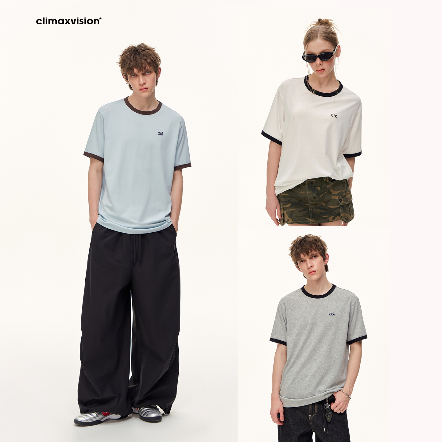 CLIMAX VISION莱赛尔天丝棉凉爽撞色圆领刺绣短袖T恤夏季情侣tee