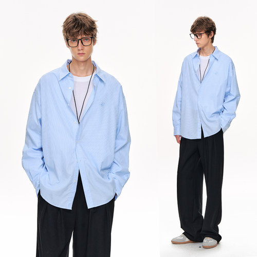 CLIMAX VISION经典蓝白竖条纹刺绣基础简约宽松kang皱长袖衬衫