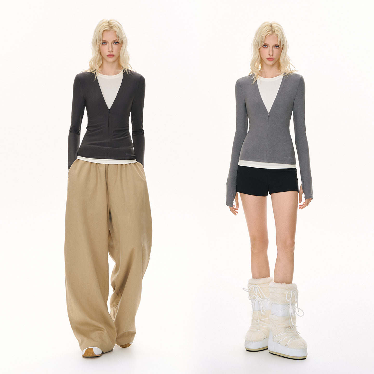 CLIMAX VISION叠穿内搭/柔雾绒感亲肤V领假两件显瘦长袖T恤打底衫