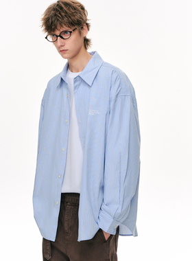 CLIMAX VISION经典蓝白色织条纹字母刺绣慵懒风宽松廓形长袖衬衫