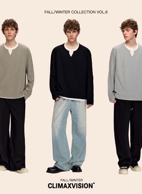 CLIMAX VISION华夫格叠穿假两件V领长袖T恤男撞色宽松慵懒风上衣
