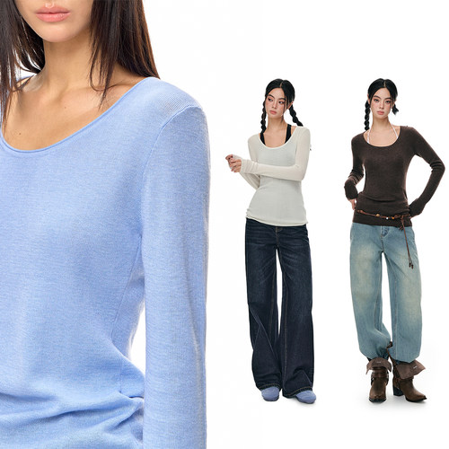 CLIMAX VISION保暖内搭/松弛感卷边U领羊毛混纺针织长袖打底衫