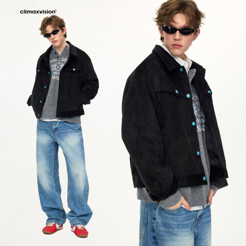 climax vision仿绿松石排扣细坑条灯芯绒复古夹克外套男休闲上衣