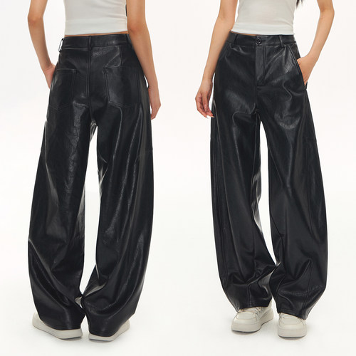 CLIMAX VISION松弛感ROW风轻解构剪裁弯刀阔腿皮裤休闲长裤女款