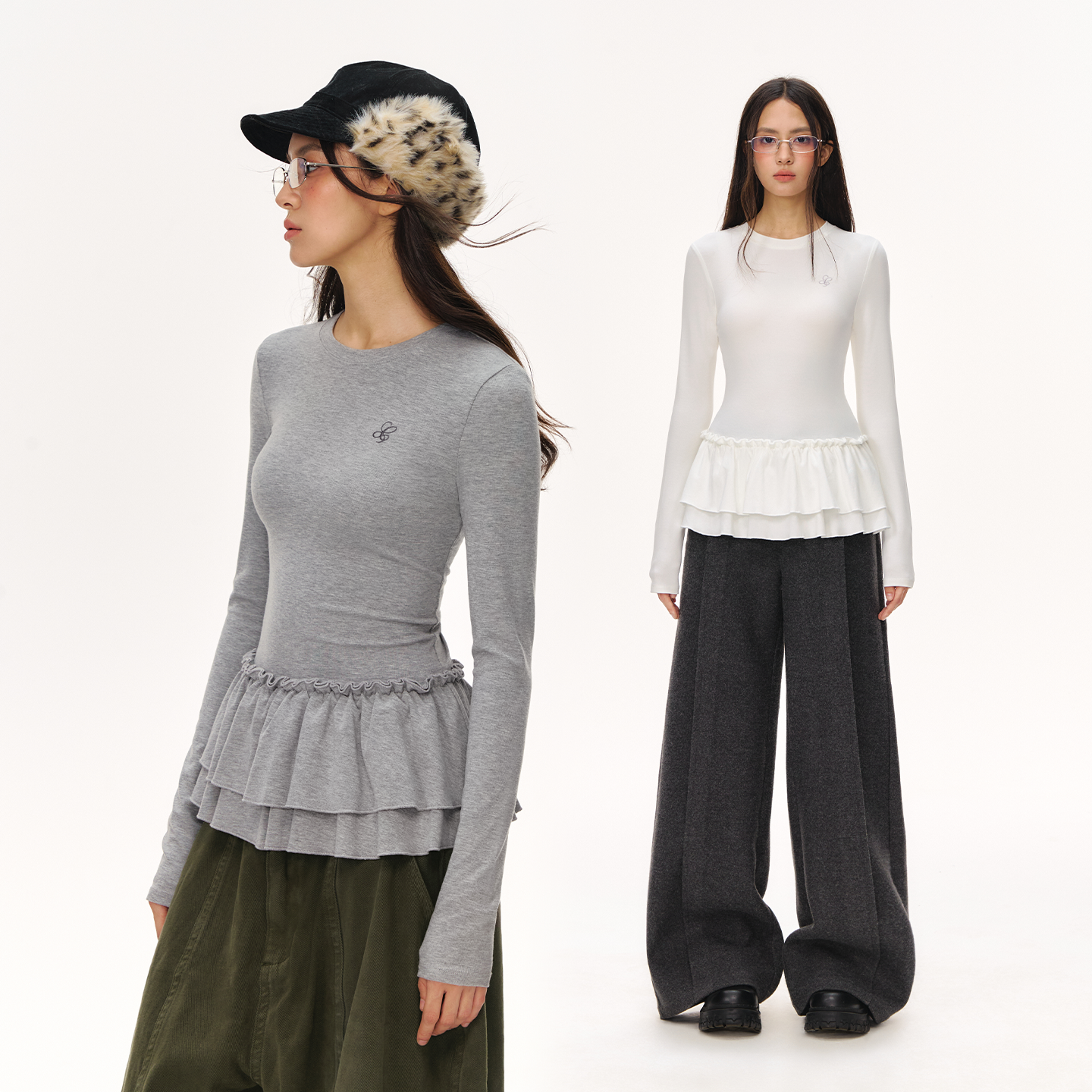 CLIMAX VISION双层荷叶边叠穿修身内搭打底衫长袖T恤女（可外穿)