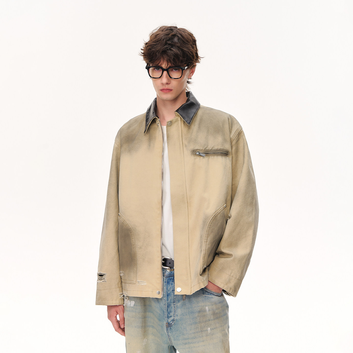 CLIMAX VISION复古撞色皮领褪色水洗破坏底特律牛仔工装