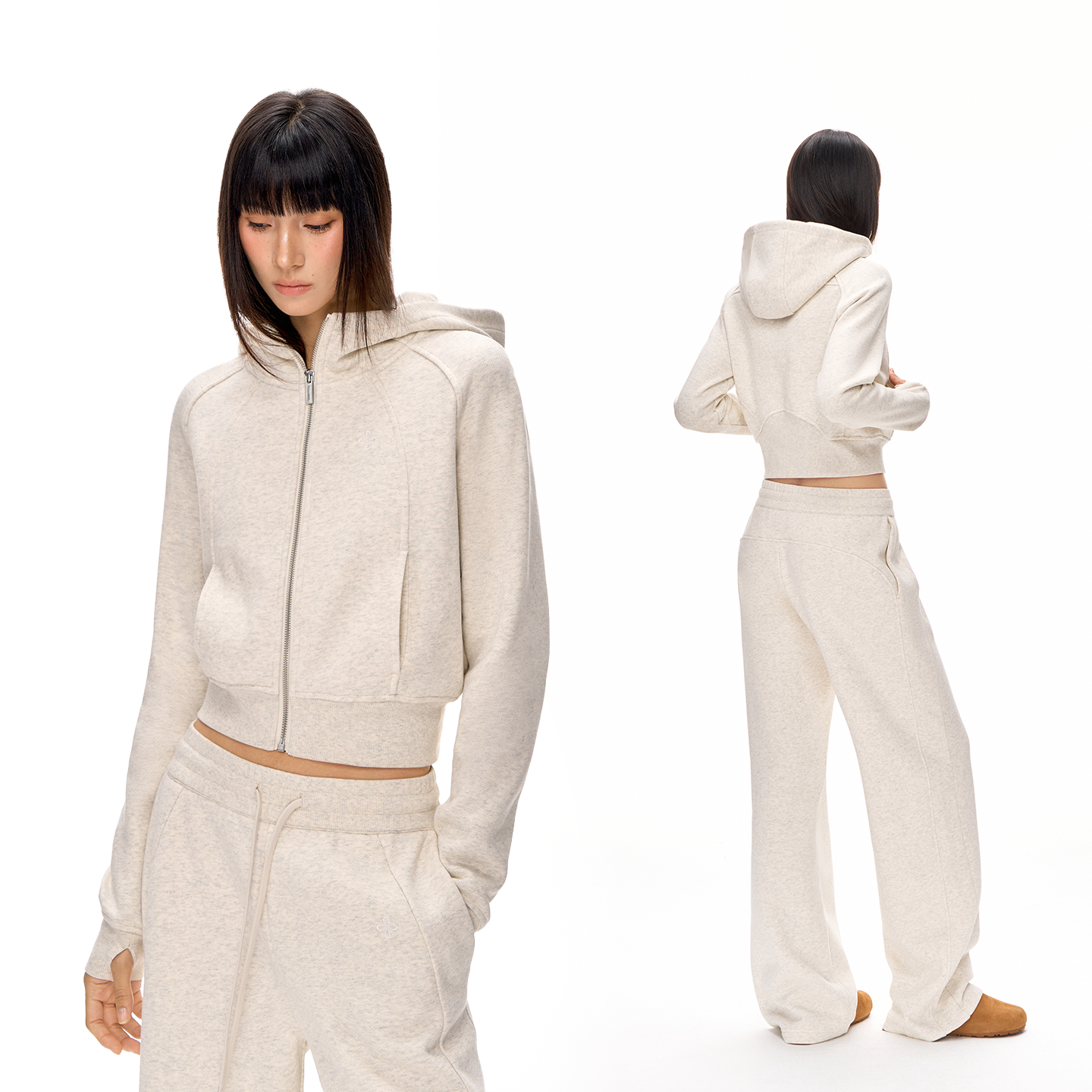 CLIMAX VISION短款收腰加绒拉链开衫连帽卫衣/立体剪裁直筒卫裤