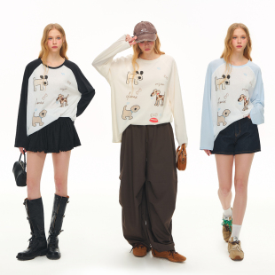 VISION轻薄干爽小狗涂鸦印花插肩袖 打底衫 罩衫 长袖 T恤女款 CLIMAX