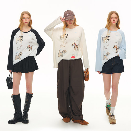 CLIMAX VISION轻薄干爽小狗涂鸦印花插肩袖罩衫T恤女款长袖打底衫