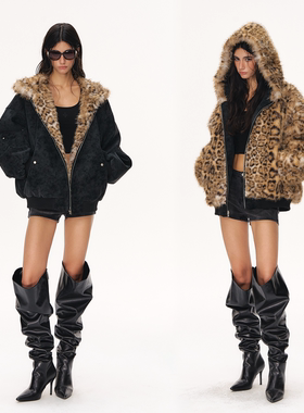 CLIMAX VISION【两面穿】座山雕环保皮草PU皮保暖毛毛夹克外套女