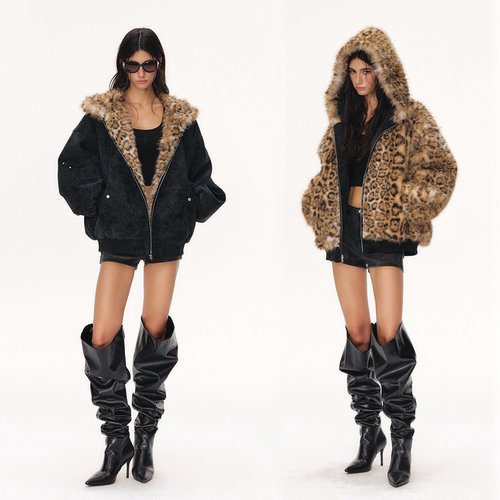 CLIMAX VISION【两面穿】座山雕环保皮草PU皮保暖毛毛夹克外套女