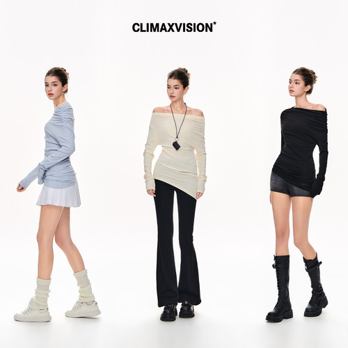 CLIMAX VISION一衣多穿造型感极简风斜肩抽褶莱赛尔天丝长袖T恤