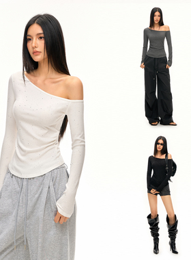 CLIMAX VISION亲肤弹力满天星烫钻不对称斜肩收腰抽褶长袖T恤