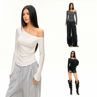 CLIMAX T恤 VISION亲肤弹力满天星烫钻不对称斜肩收腰抽褶长袖