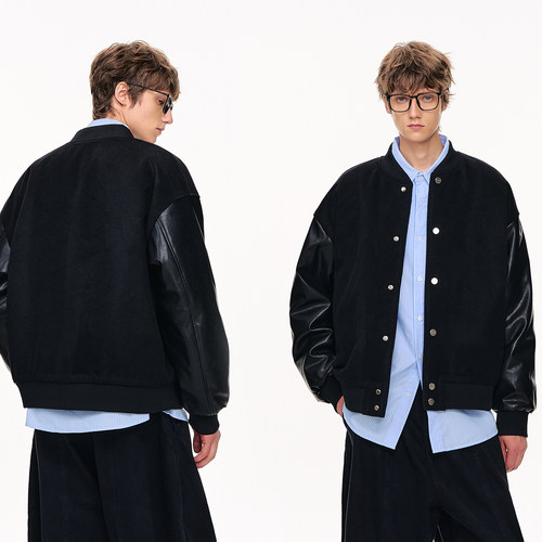 CLIMAX VISION羊毛混纺毛呢拼接皮袖宽松廓形棒球服棉衣外套夹克