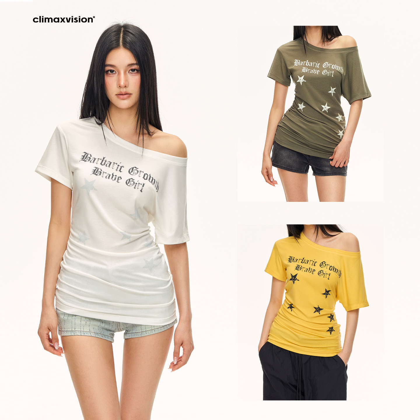 CLIMAX VISION莱赛尔羊毛混纺斜肩堆叠短袖T恤女舒弹收腰显瘦上衣