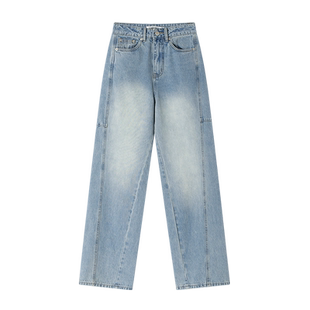 CLIMAX VISION怀旧水洗分割拼接弯刀牛仔裤女显瘦直筒宽松长裤女