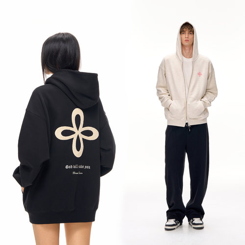 CLIMAX VISION十字花毛巾绣加绒拉链开衫连帽卫衣男女款休闲帽衫