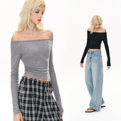 CLIMAX VISION轻薄软糯莱赛尔天丝羊毛宽领一字肩紧身收腰长袖 T恤