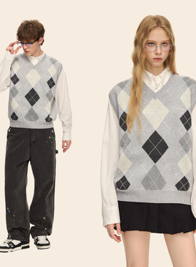 CLIMAX VISION通勤V领套头菱格灰色叠穿针织衫马甲背心 含绵羊毛