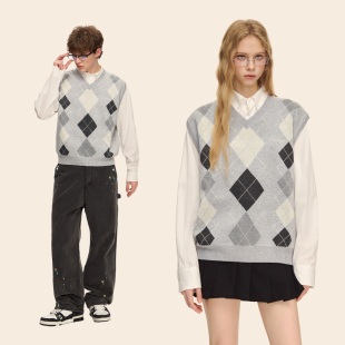 含绵羊毛 马甲背心 CLIMAX VISION通勤V领套头菱格灰色叠穿针织衫