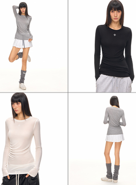 CLIMAX VISION【可机洗】天丝羊毛混纺十字花圆领抽褶长袖T恤打底