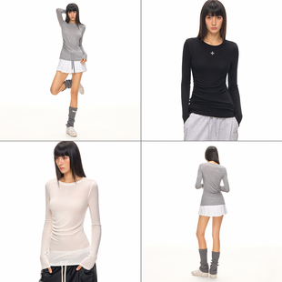 天丝羊毛混纺十字花圆领抽褶长袖 可机洗 T恤打底 VISION CLIMAX
