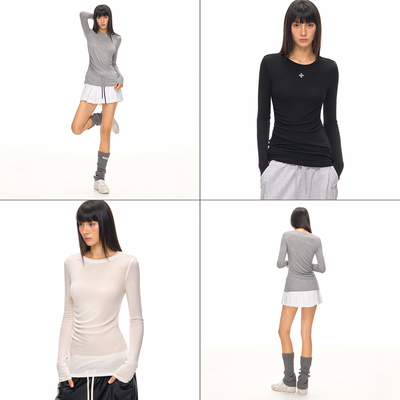 CLIMAX VISION【可机洗】天丝羊毛混纺十字花圆领抽褶长袖T恤打底