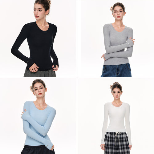 CLIMAX VISION亲肤舒适高捻天竹纱肌理感U领修身针织长袖打底衫