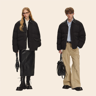 CLIMAX VISION轻盈零压90绒拼皮翻领宽松面包羽绒服外套 复古时髦