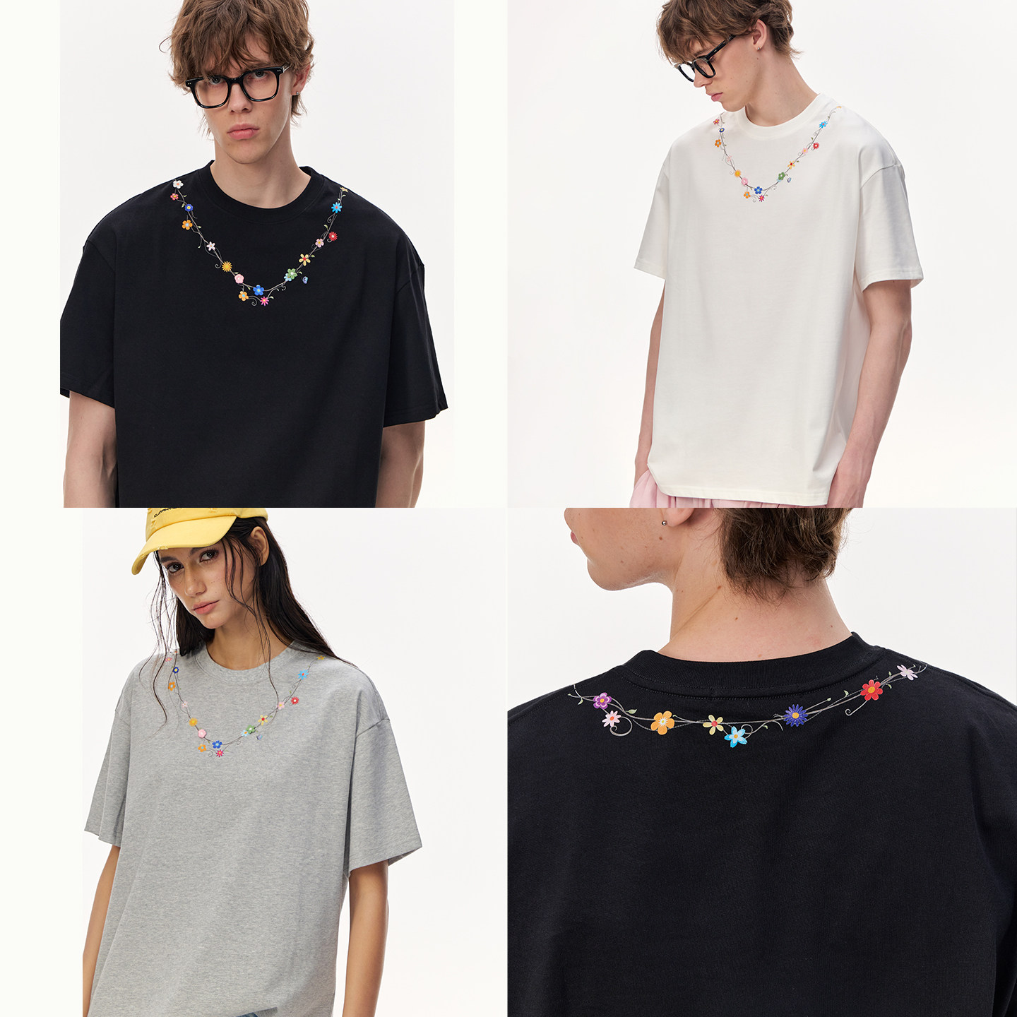 CLIMAX VISION花卉蔓藤项链短袖T恤情侣装纯棉舒适圆领tee