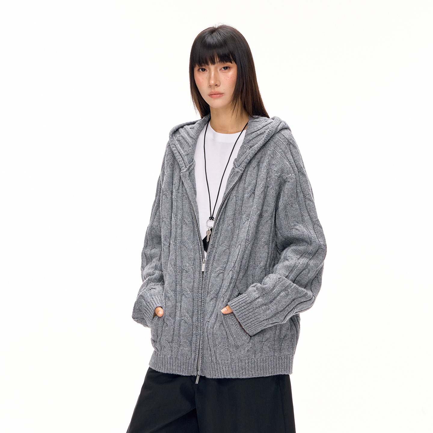 CLIMAX VISION羊毛混纺麻花连帽拉链宽松休闲长袖开衫毛衣外套