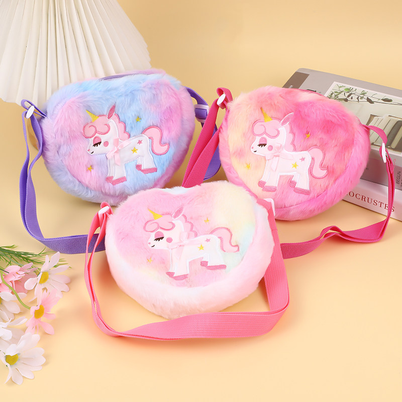 韩版儿童斜挎包ins少女心卡通可爱毛绒小挎包爱心独角兽单肩小包