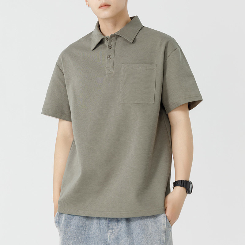 纯色短袖男POLO衫夏款潮流宽松纯色翻领t恤重磅日系男式休闲上衣