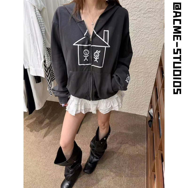 Urban火柴人衣服26FW水洗做旧印花拼接拉链开衫拼接外套连帽卫衣
