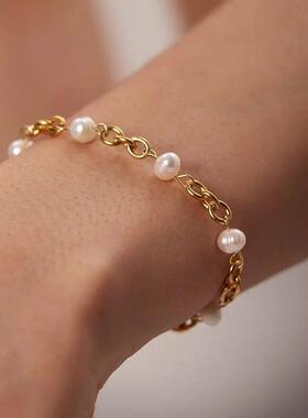 Uworld Elegant Natural Pearl 18K PVD gold plated Chain Brace