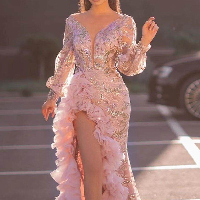 Female Sexy Mesh Tail Sequin Split Pink Evening Dress