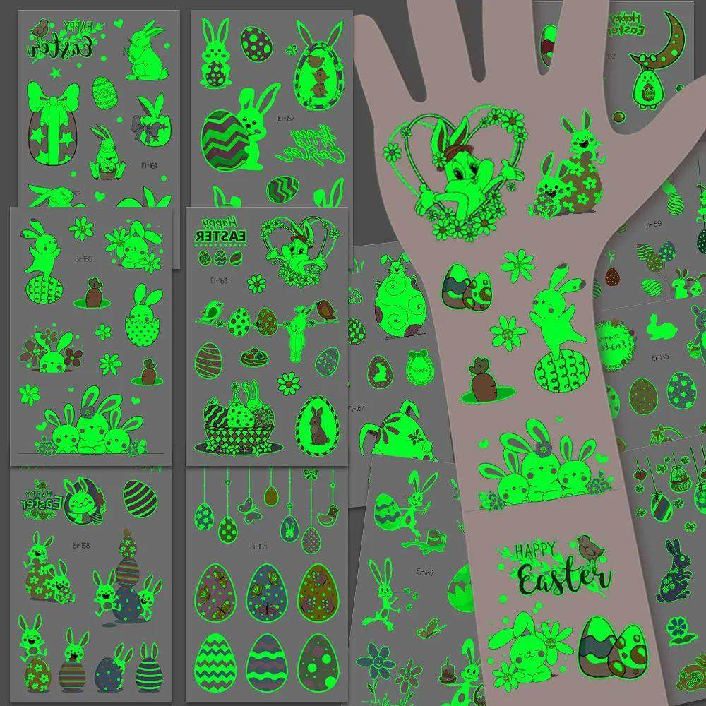 12pcs Glow Easter Kids Temporary Tattoos luminous rabbit Egg