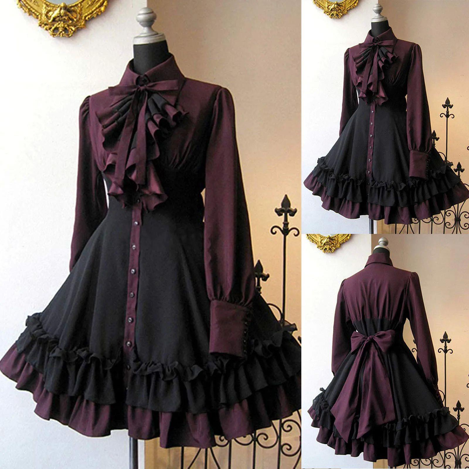 Women Vintage Palace Lolita Dress Bow Collar High Waist Vict
