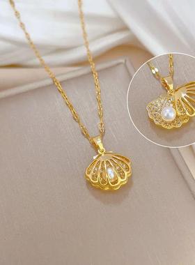 Luxury Zircon Shell Pearl Necklace for Women Stainless Steel