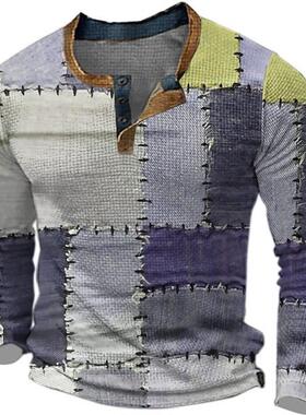 3D printed retro button long sleeved T-shirt 3D印花长袖T恤男